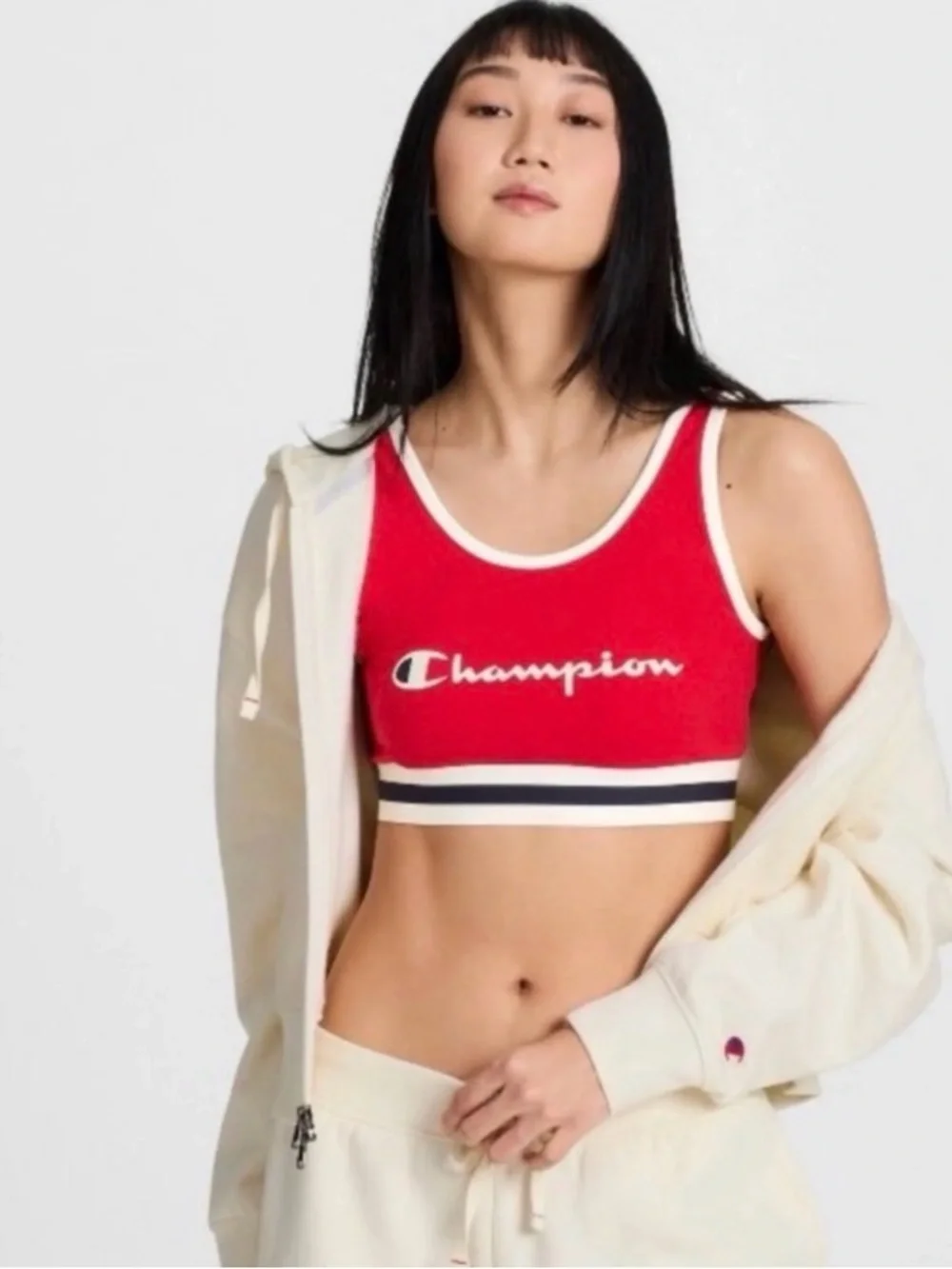 Champion Red Logo Crop Sports Bra Bralette Contrast Trim Bold Scoop Neck